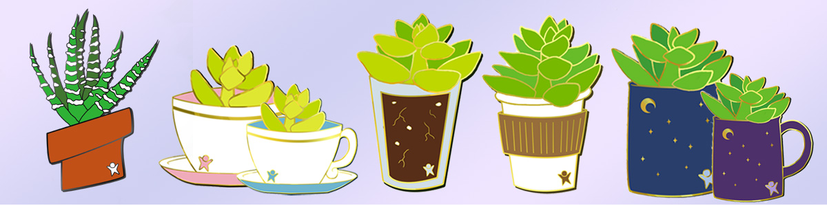 Banner of 7 plant pin designs. From left to right: zebra plant in a red pot, golden sedums in blue and pink teacups, sedum in a glass, sedum in a paper coffee cup, and 2 sedums in blue and purple mugs