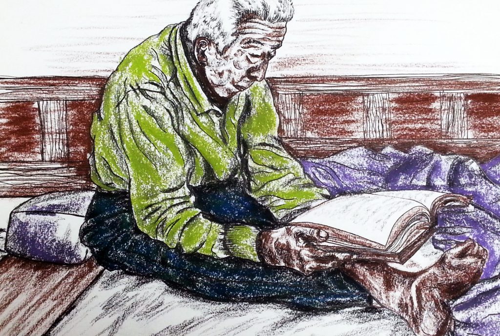 Avid Reader pastel drawing of elderly man sitting on floor with
