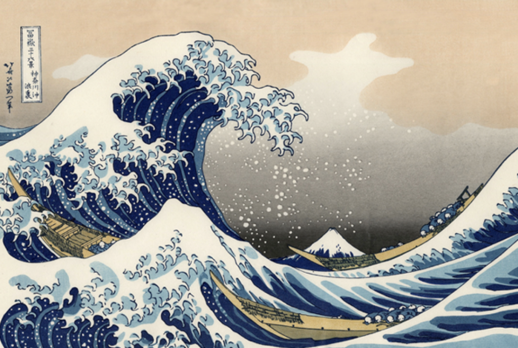Chiho Aoshima post: Hokusai's famous The Great Wave woodblock print with a massive wave on the left and a small Mount Fuji in the distance, seen underneath the wave.