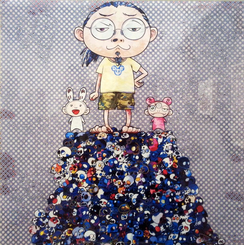Takashi Murakami self-portrait titled Kaikai, Kiki, & Me: On Blue Mound of the Dead, featuring cartoon image of the artist and two tiny cartoon characters (Kaikai and Kiki) standing on top of a pile of mostly blue cartoon skulls
