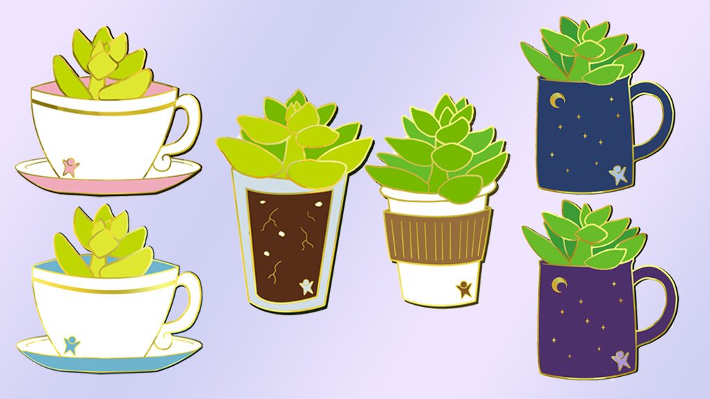 Monetizing Your Interests - "Succs in Cups" Seasonal Succulent Enamel Pin Kickstarter layout with 6 pin designs arranged on a light purple gradiant background. The left two designs are yellow-green succulents in 2 blue and pink teacups. Center two designs have a succulent growing in a glass and another darker green succulent growing in a paper coffee cup. The right two designs feature succulents in a blue mug and purple mug.