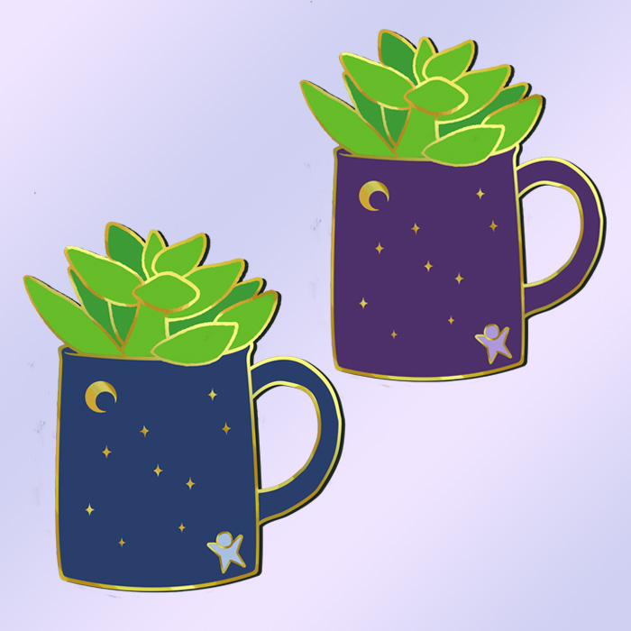 Monetizing your interests - 2 winter succulents in mugs designs, one blue mug and one purple mug with a gold star design on the outside