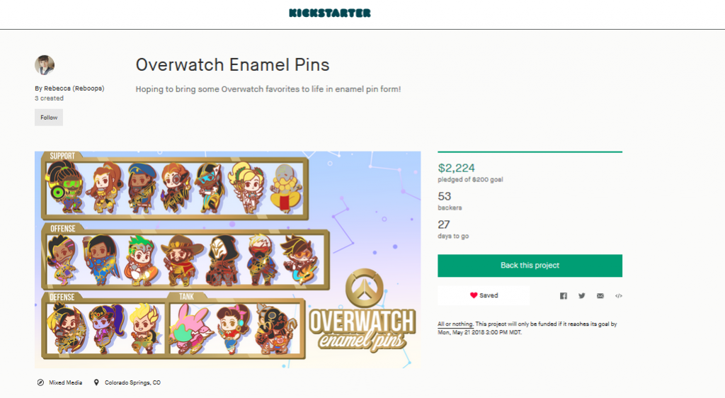 A screenshot of Reboops' Kickstarter project for 20 Overwatch-inspired enamel pins
