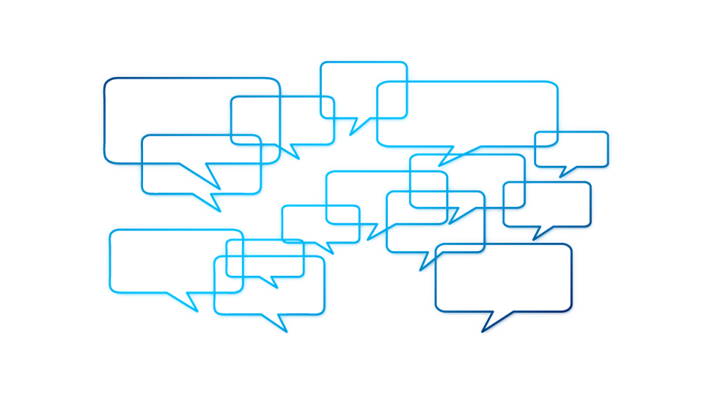 Necessary Preorders: Light and dark blue speech bubbles in a cluster