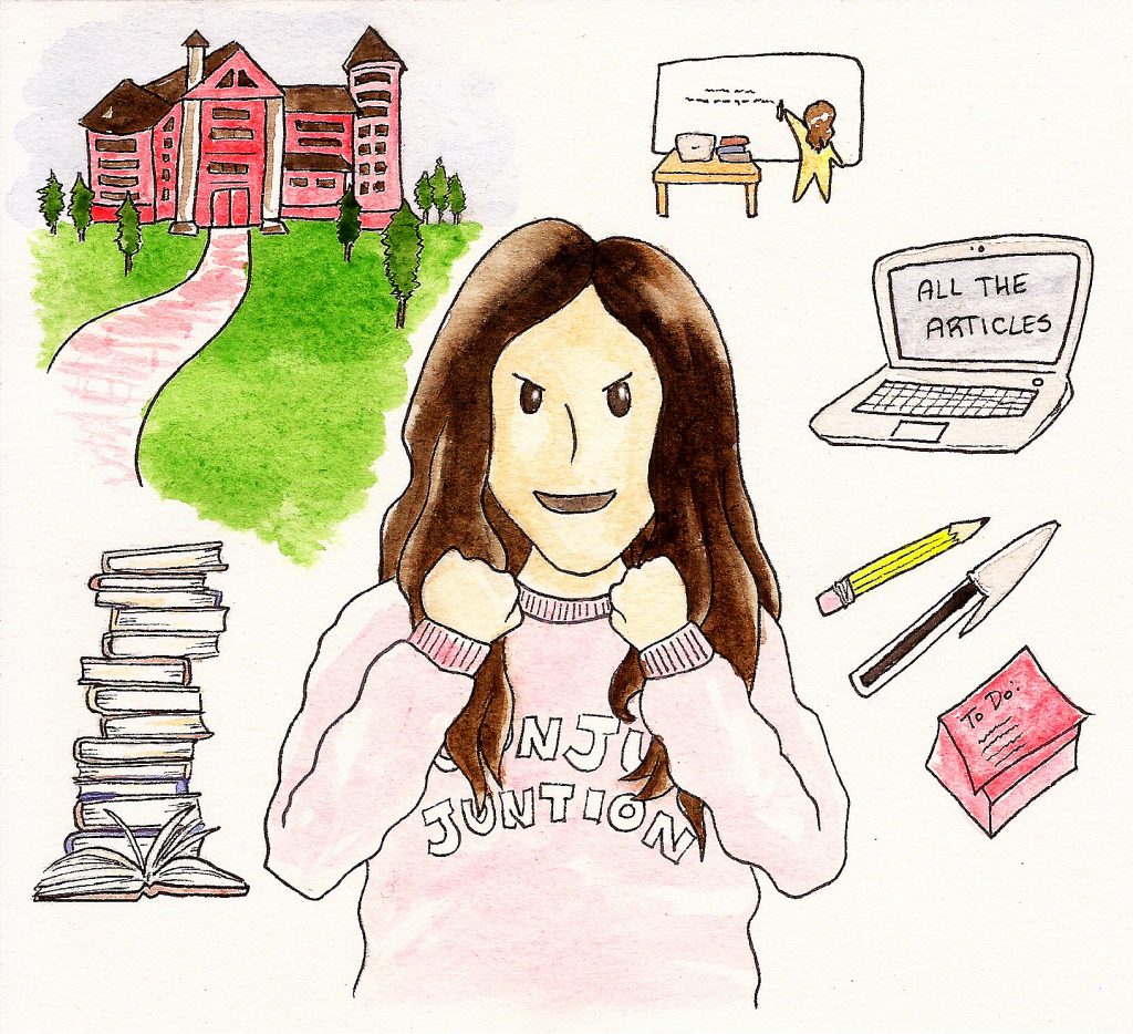 applying to grad school comics: excited woman in a pink sweater imagining what graduate school will be like