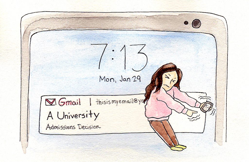 applying to grad school comics: the top of a smart phone screen shows that the user has received an email from "A University" regarding her admissions decision. In the foreground, a woman closes her eyes while reaching out to open the email on her phone.