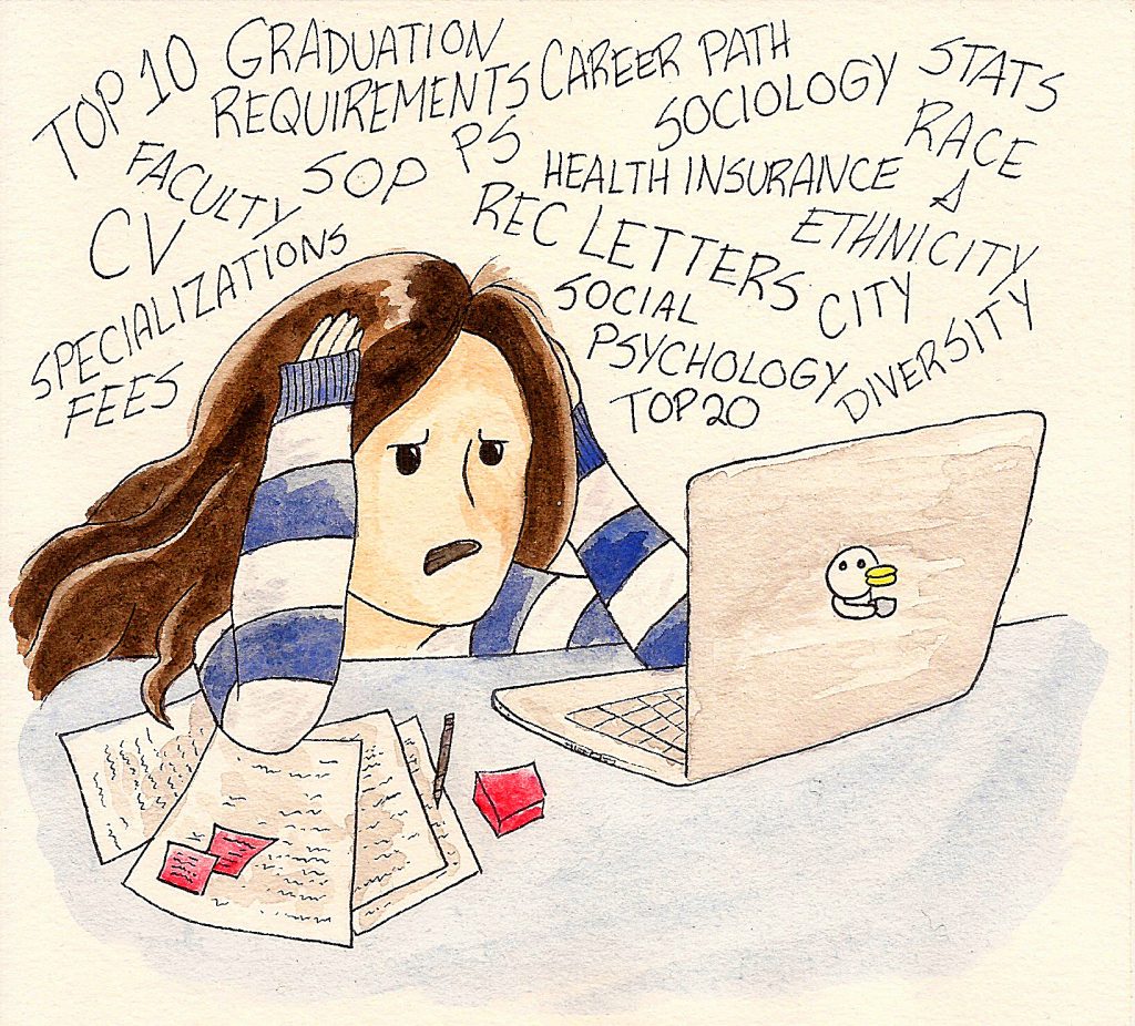 applying to grad school comics: woman at a table in front of a laptop looking frustrated