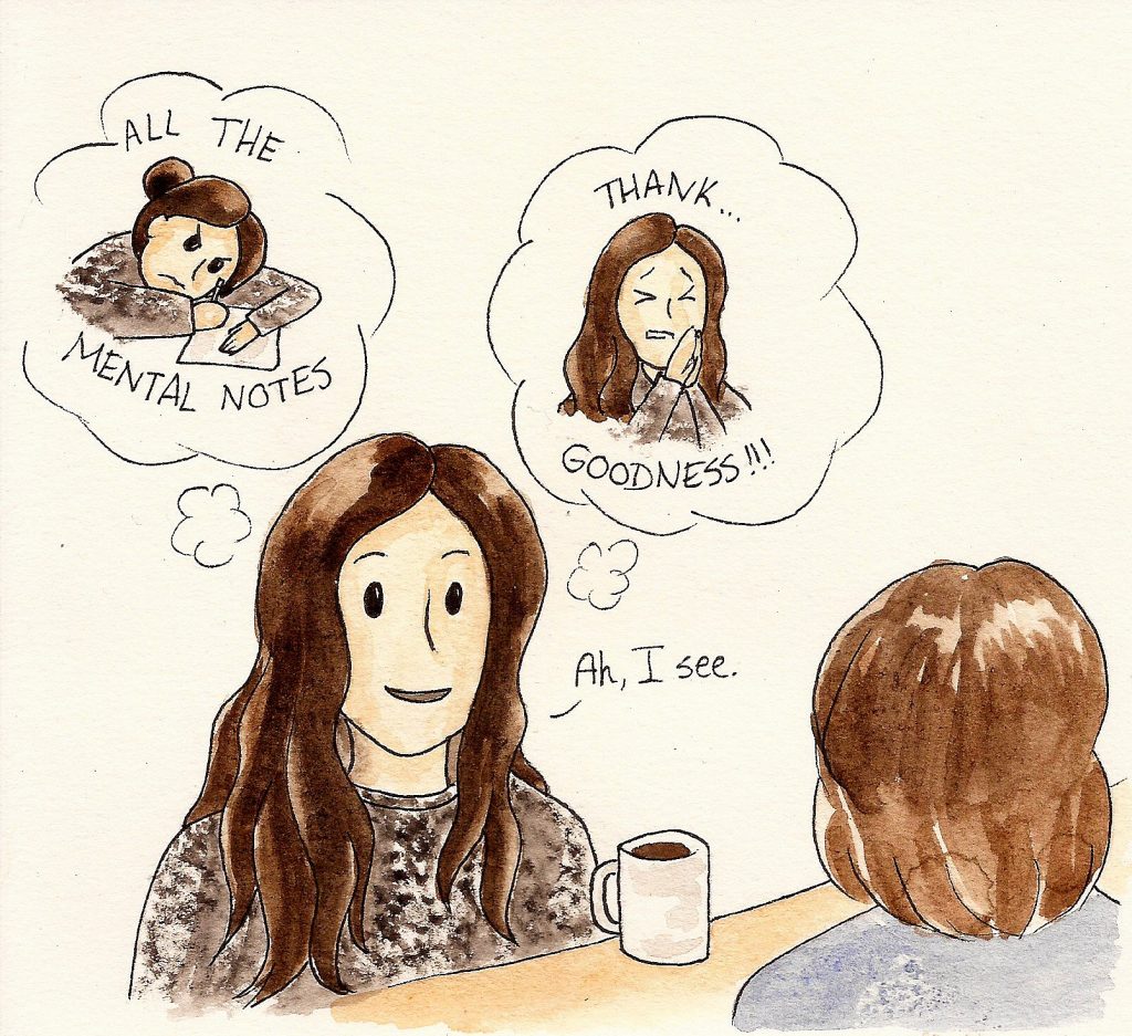 applying to grad school comics: illustration of two women talking at a table. Woman facing us has two thought bubbles showing her true emotions