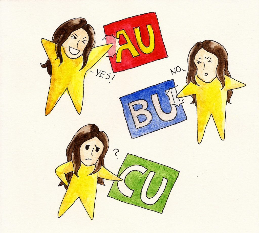 applying to grad school comics: three simplified figures with a placards that represent different schools. The first school is a yes, the second a no, and the third simply has a question mark.