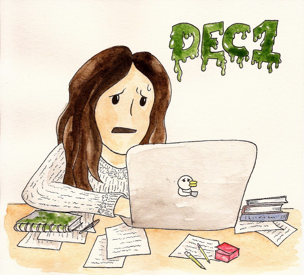 applying to grad school comics: woman sitting in front of a laptop looks stressed. Papers, notes and writing utensils litter the desk. The upper right corner reads "Dec 1" in green dripping font.