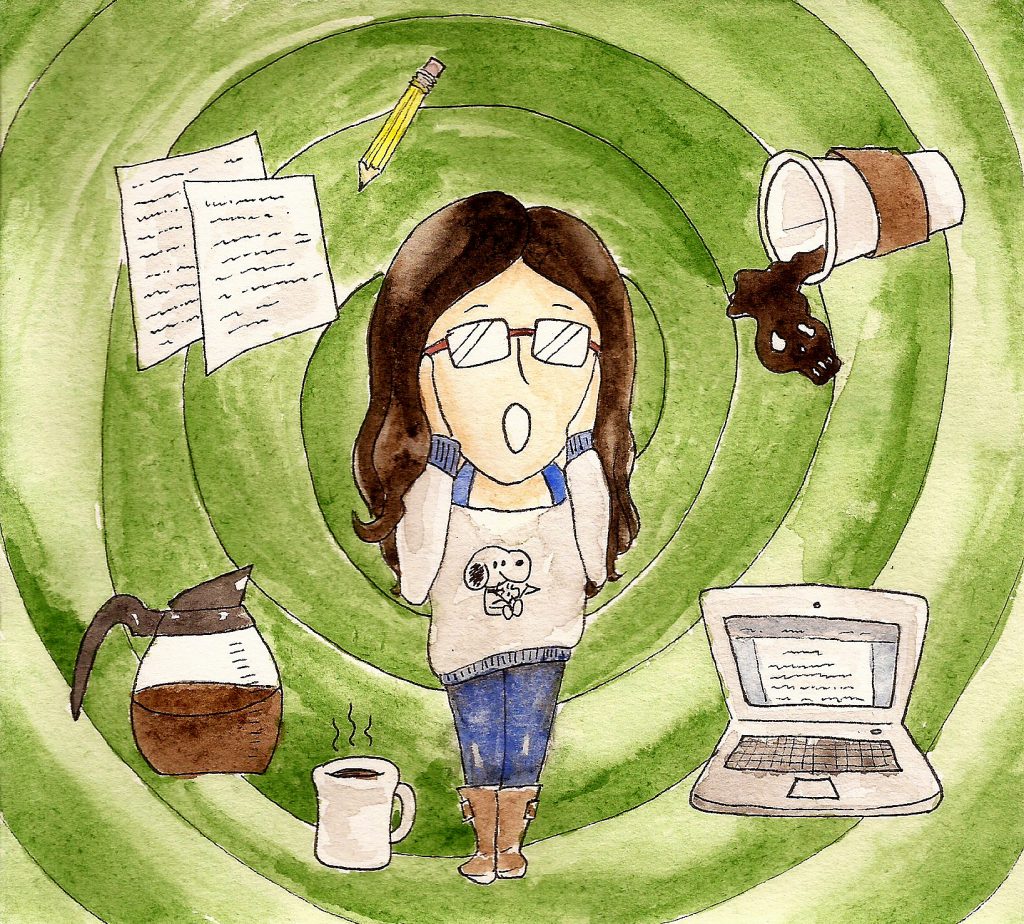 applying to grad school comics: woman in the center of an illustration mimics pose from the painting "the scream". Background is a green swirl with objects like papers and coffee in it.