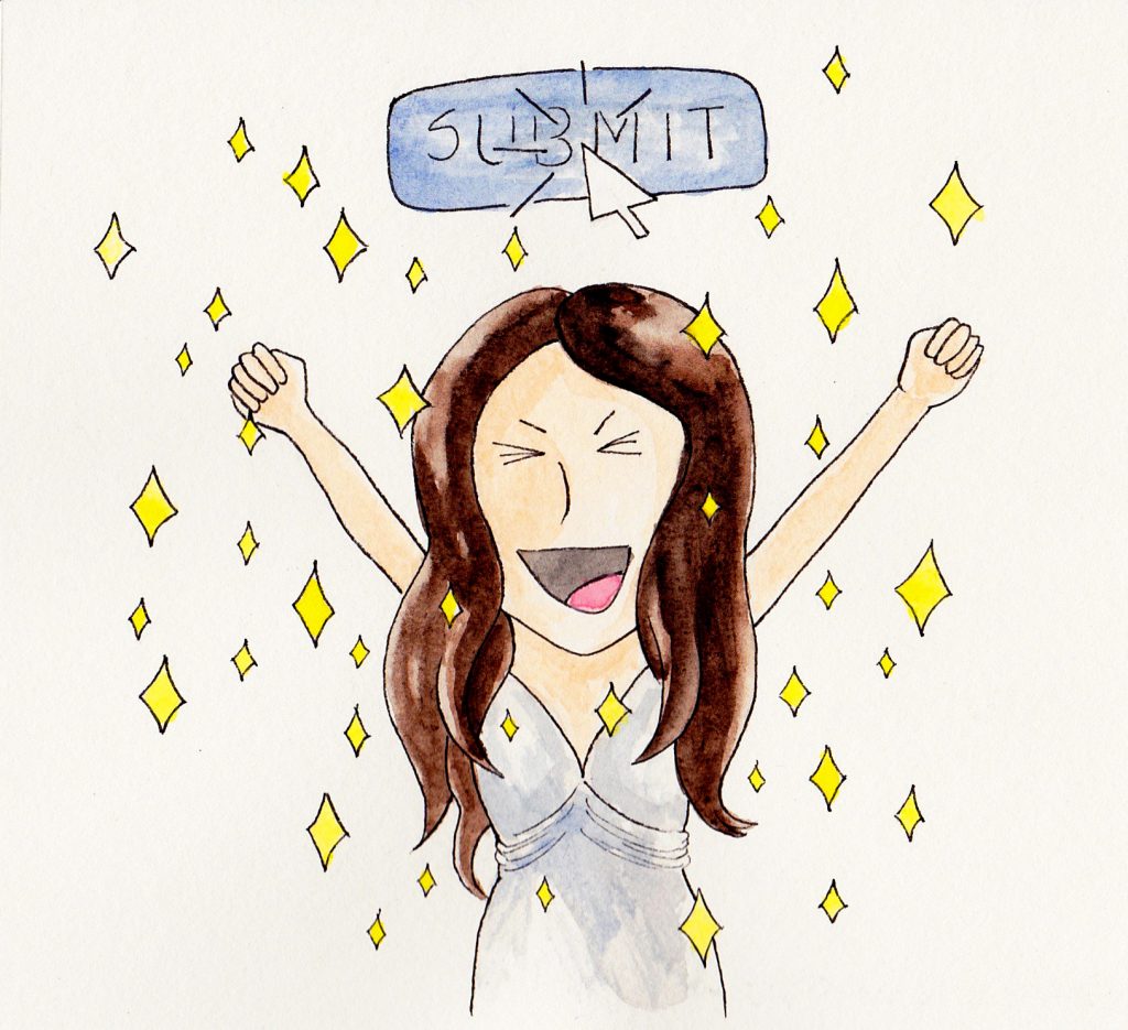 applying to grad school comics: happy woman in a silver gown occupies the center of the illustration surrounded by yellow sparkles. The background shows a "Submit" button being clicked with a computer mouse.