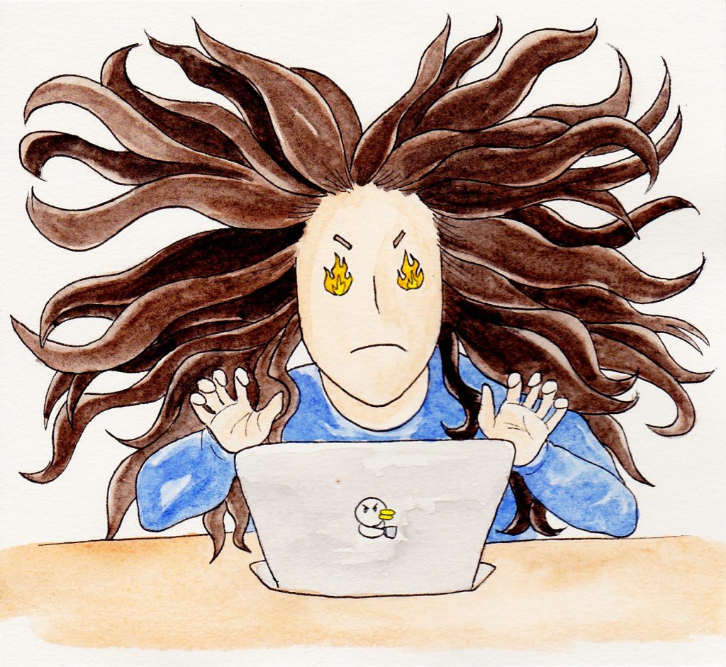 applying to grad school comics: woman sits in front of a laptop with fire for eyes and medusa-like hair flying in every direction