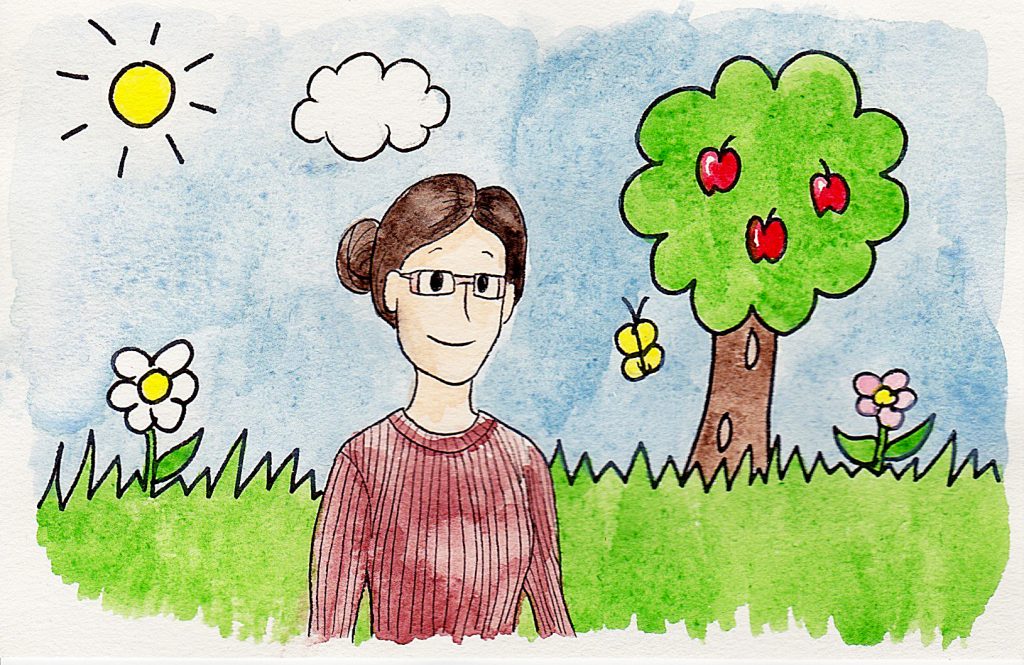 applying to grad school comics: woman in a red sweater, glasses, and dark brown hair pulled back in a bun walks through a background resembling a child's illustration with grass, flowers, and an apple tree