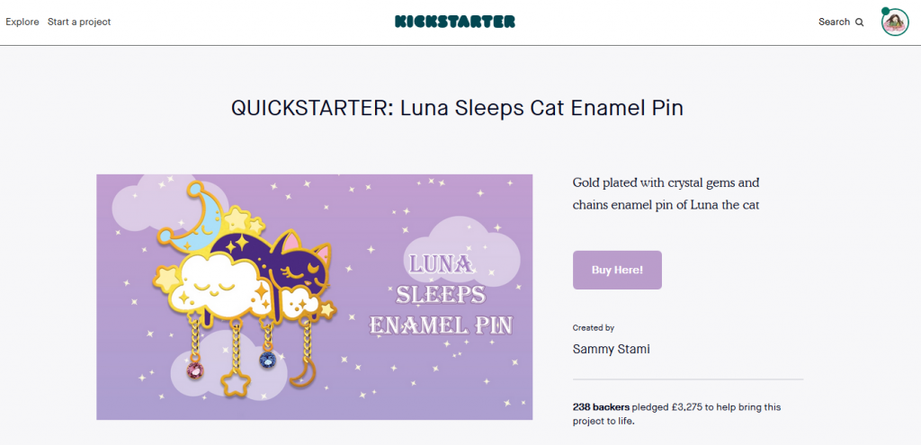 Screenshot of Stami's Sleeping Luna Pin Quickstarter