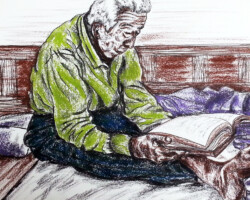 Avid Reader pastel drawing of elderly man sitting on floor with