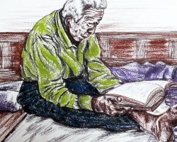 Avid Reader pastel drawing of elderly man sitting on floor with