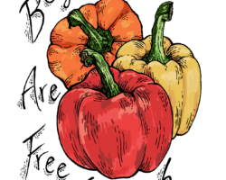 three bell peppers (red, yellow, and orange) with the words "Boycotts Are Free Speech"
